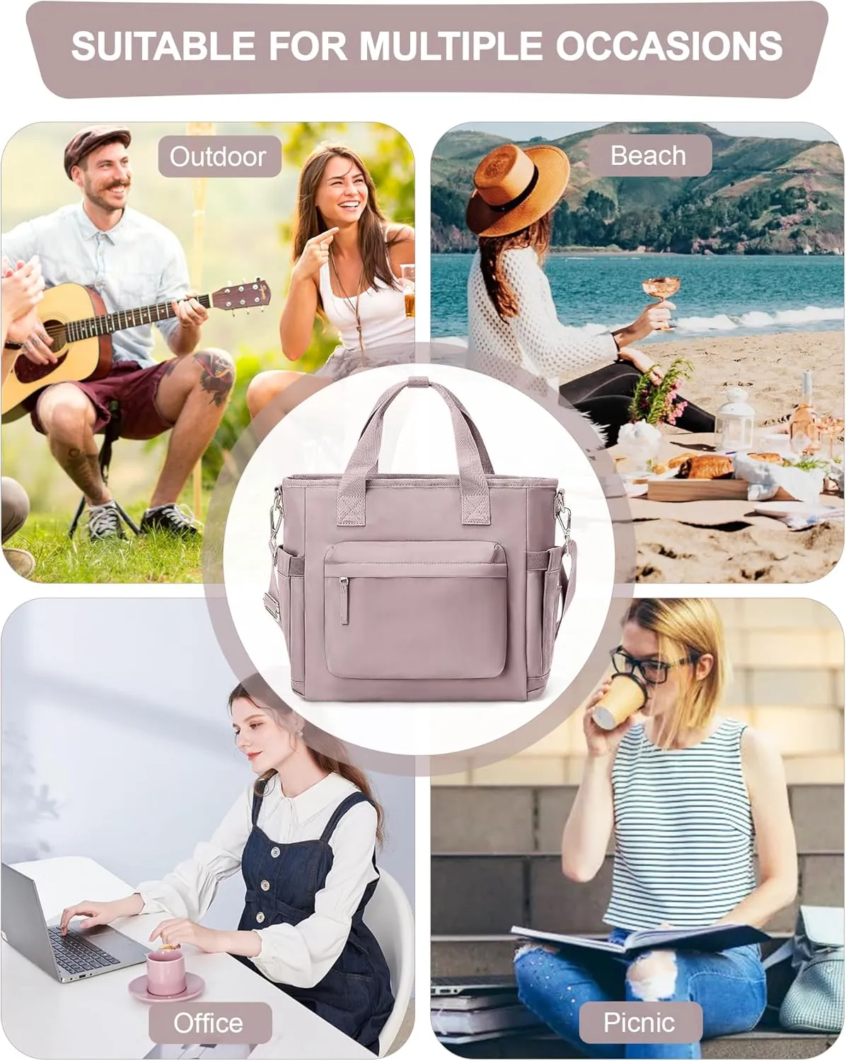 Insulated Lunch Bag Women Large Lunch Tote Bag with Shoulder Strap Adult Lunch Box Lunch Bags for Women Men Lunch Boxes for Work Pink Purple with Water Bottle Holder