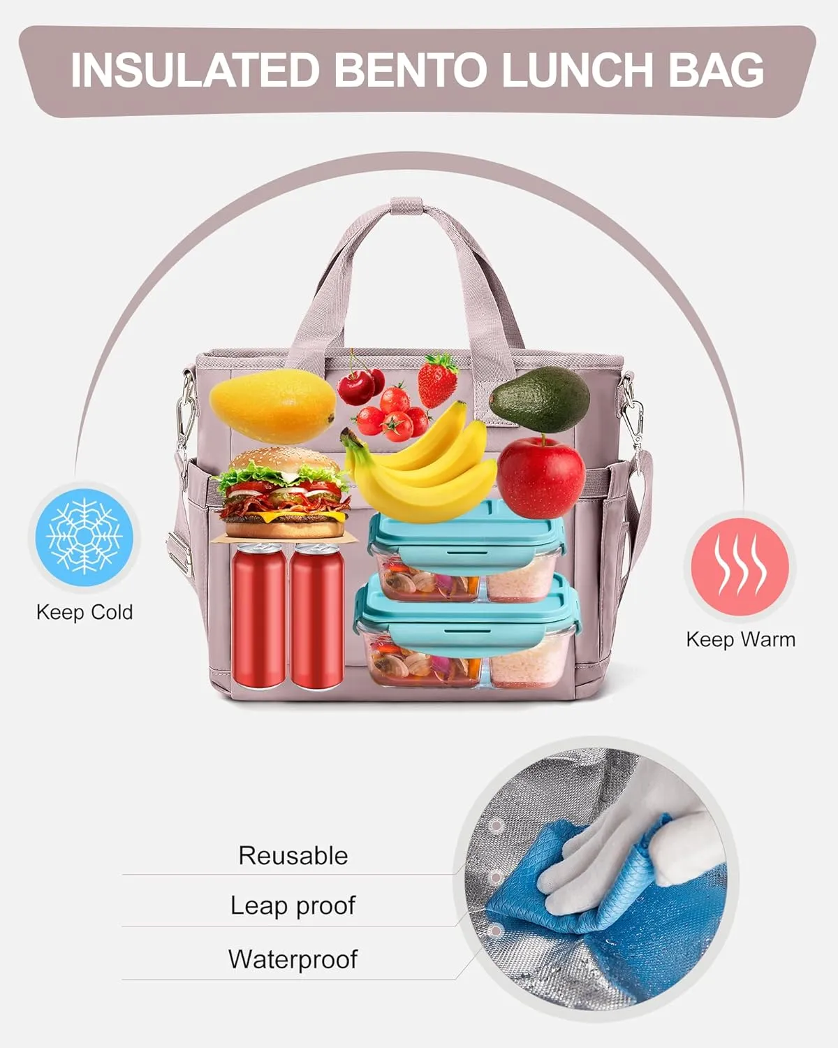 Insulated Lunch Bag Women Large Lunch Tote Bag with Shoulder Strap Adult Lunch Box Lunch Bags for Women Men Lunch Boxes for Work Pink Purple with Water Bottle Holder