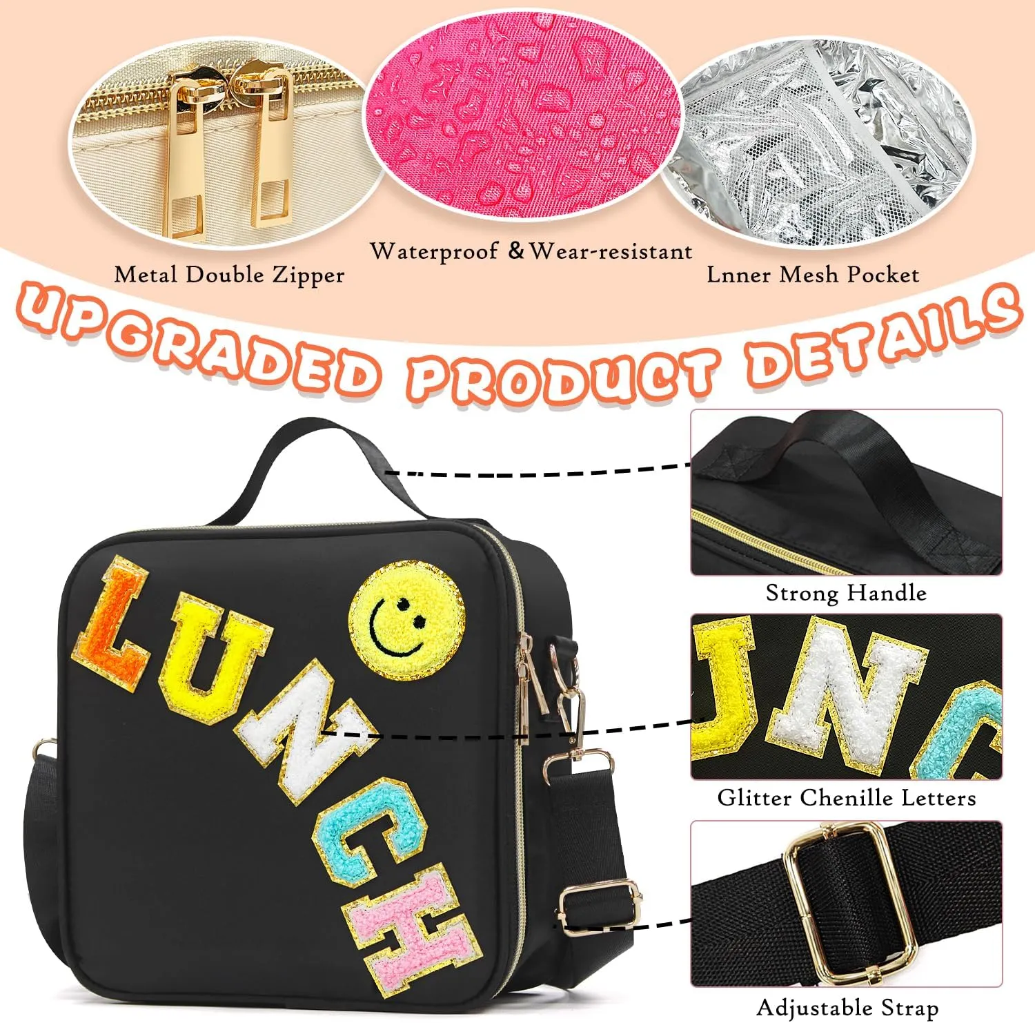 Insulated Lunch Bag Women Lunch Box Kids for Teen Girls Boys, Cute Preppy Lunch Boxes With Adjustable Shoulder Strap, Waterproof Nylon Lunchbox Lunch Bags for School Work Picnic (Black)