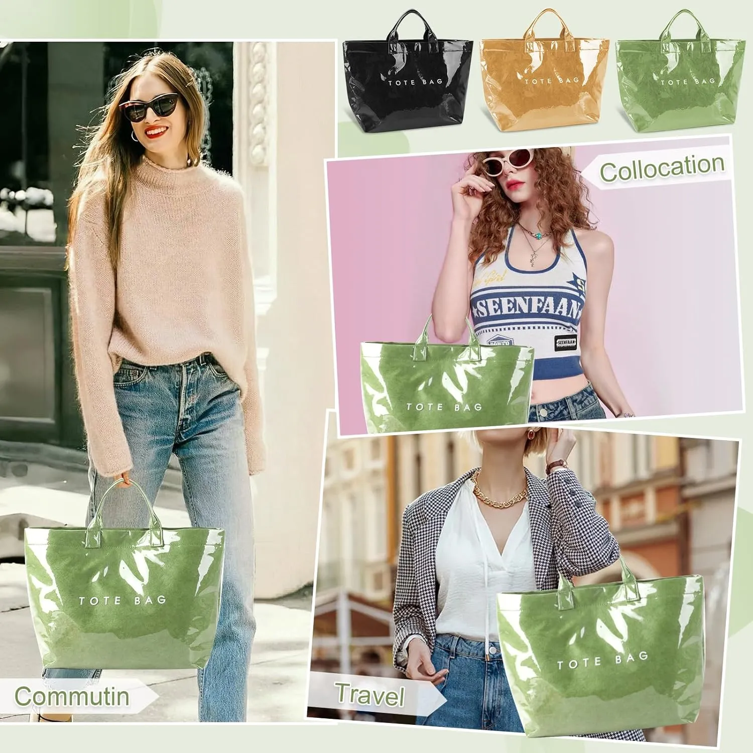 Iqimott PVC Tote Bag for Women, Letter Print Tote Bags Large Kraft Paper Handbag Carry All Hobo Bag,Clear Tote Top Handle Bag