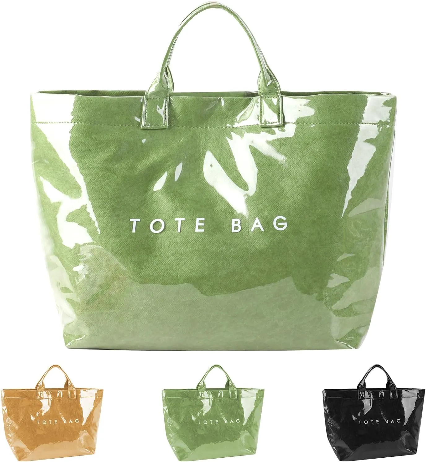 Iqimott PVC Tote Bag for Women, Letter Print Tote Bags Large Kraft Paper Handbag Carry All Hobo Bag,Clear Tote Top Handle Bag