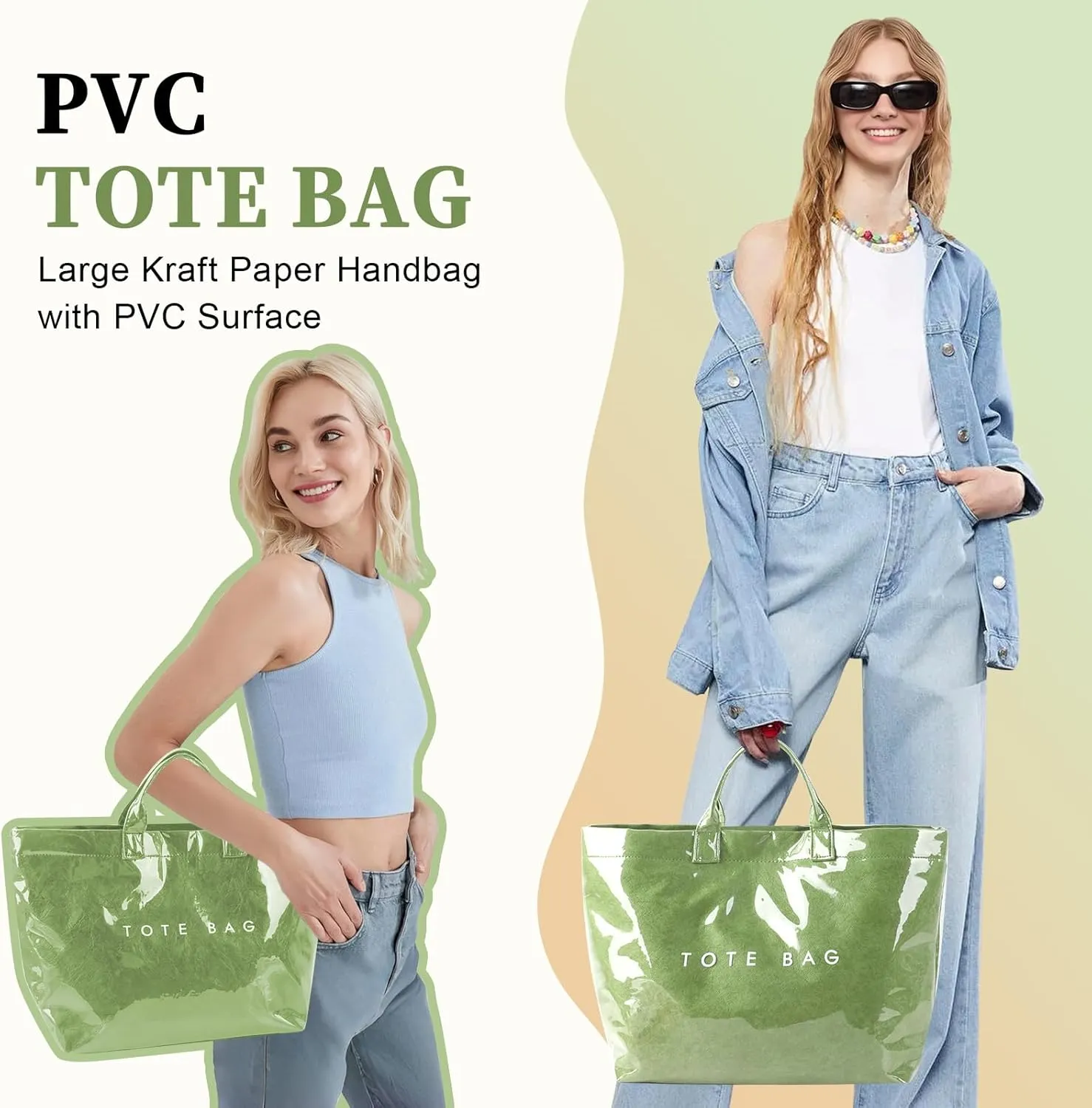 Iqimott PVC Tote Bag for Women, Letter Print Tote Bags Large Kraft Paper Handbag Carry All Hobo Bag,Clear Tote Top Handle Bag