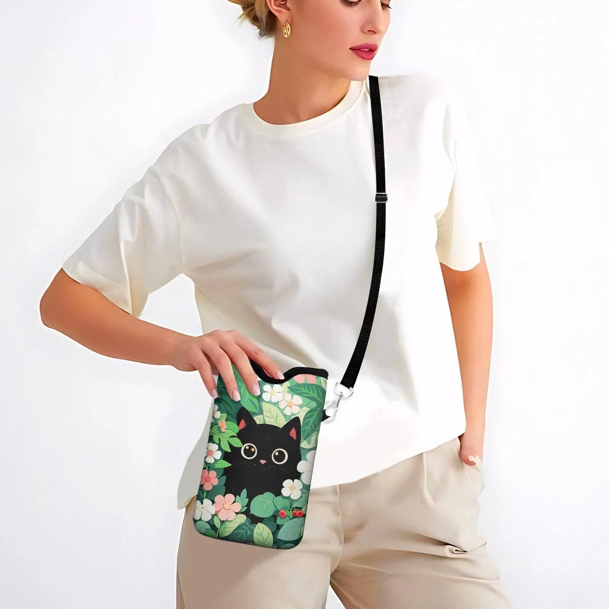 IRADA Neoprene Cell Phone Sleeve Pouch Case Bag with Crossbody Strap Neck Lanyard for Women Men 7.6 X 4.3 Inches-Black Cat Floral Shockproof Universal Phone Bag