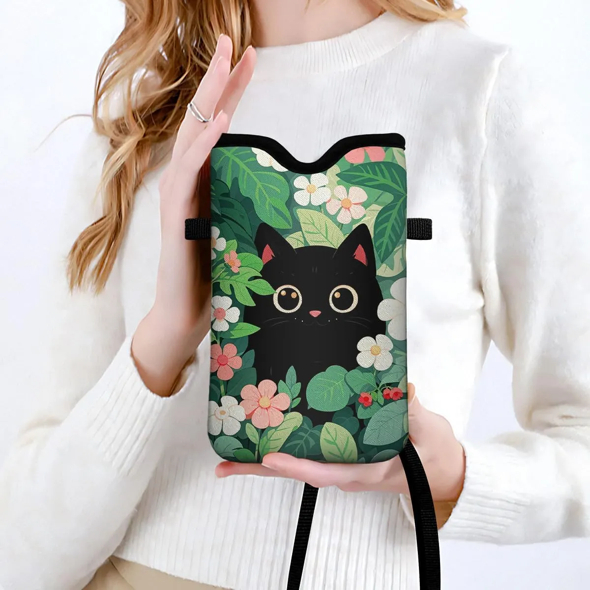 IRADA Neoprene Cell Phone Sleeve Pouch Case Bag with Crossbody Strap Neck Lanyard for Women Men 7.6 X 4.3 Inches-Black Cat Floral Shockproof Universal Phone Bag