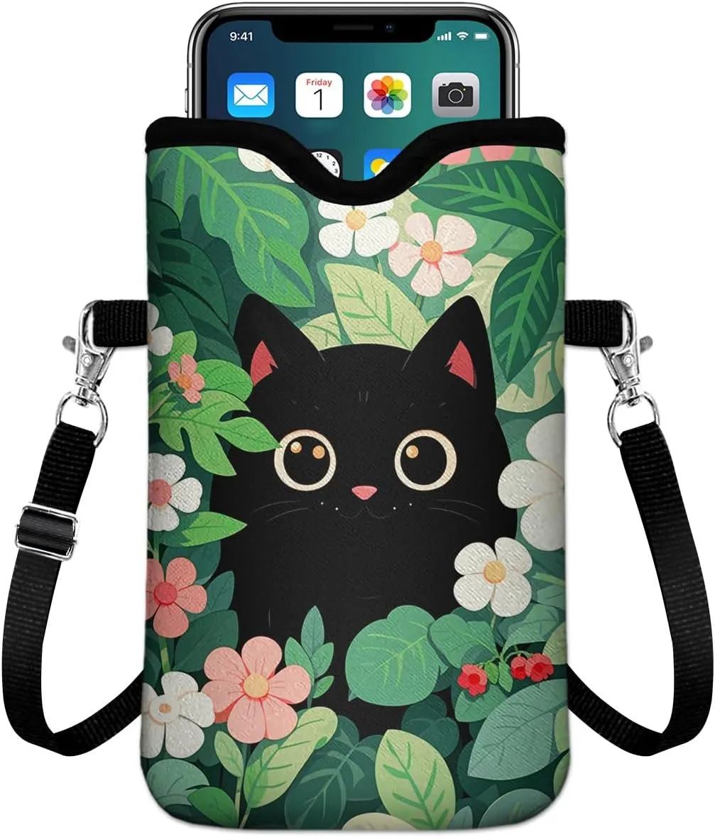 IRADA Neoprene Cell Phone Sleeve Pouch Case Bag with Crossbody Strap Neck Lanyard for Women Men 7.6 X 4.3 Inches-Black Cat Floral Shockproof Universal Phone Bag