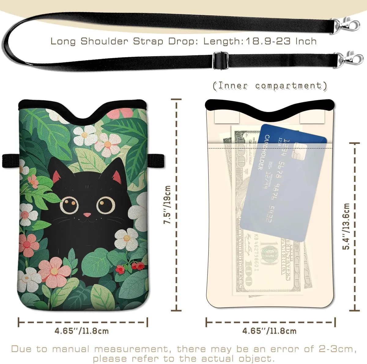 IRADA Neoprene Cell Phone Sleeve Pouch Case Bag with Crossbody Strap Neck Lanyard for Women Men 7.6 X 4.3 Inches-Black Cat Floral Shockproof Universal Phone Bag