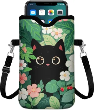 IRADA Neoprene Cell Phone Sleeve Pouch Case Bag with Crossbody Strap Neck Lanyard for Women Men 7.6 X 4.3 Inches-Black Cat Floral Shockproof Universal Phone Bag