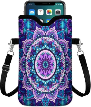IRADA Neoprene Cell Phone Sleeve Pouch Case Bag with Crossbody Strap Neck Lanyard for Women Men 7.6 X 4.3 Inches-Purple Mandala Flower Shockproof Universal Phone Bag