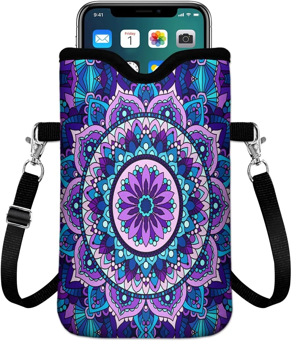 IRADA Neoprene Cell Phone Sleeve Pouch Case Bag with Crossbody Strap Neck Lanyard for Women Men 7.6 X 4.3 Inches-Purple Mandala Flower Shockproof Universal Phone Bag