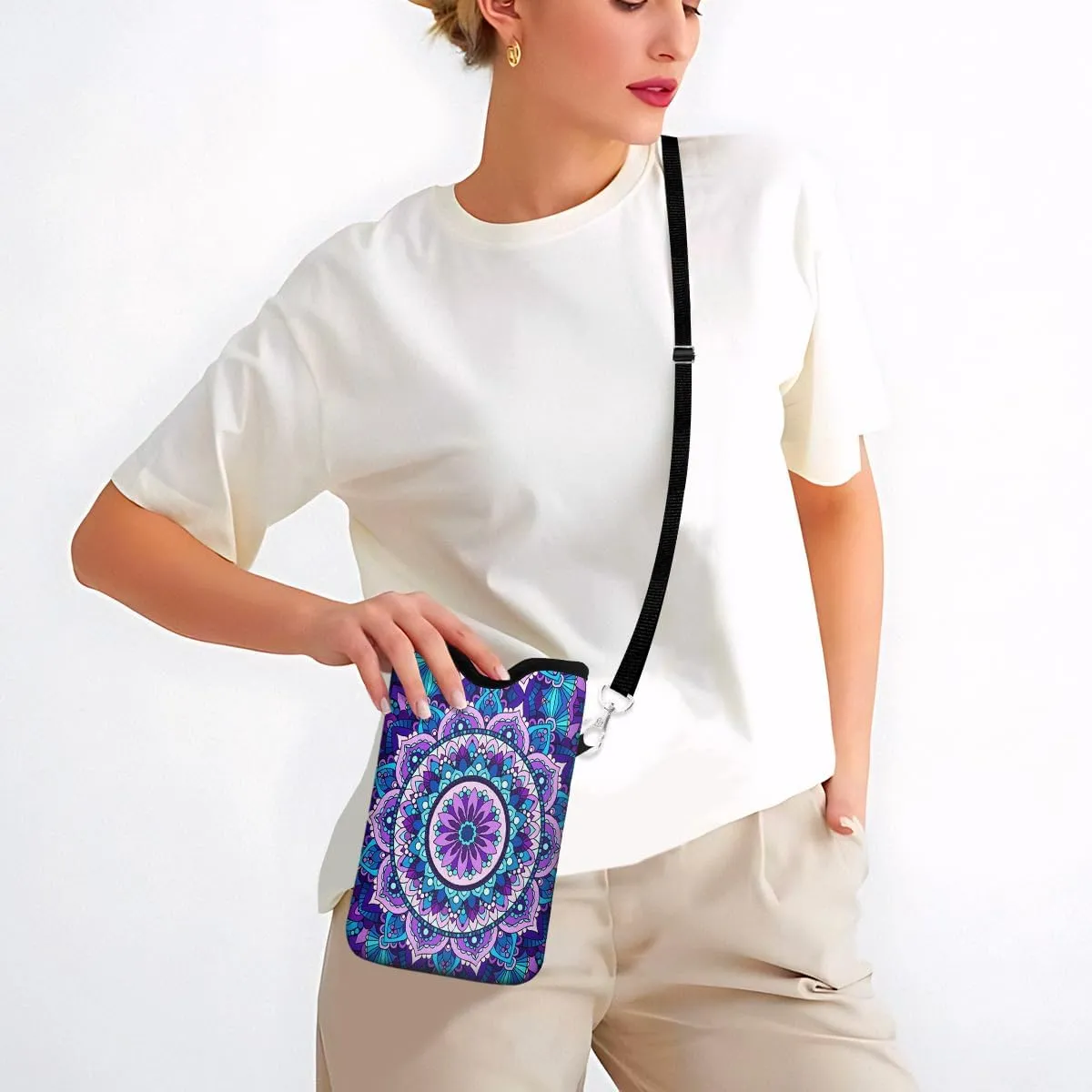 IRADA Neoprene Cell Phone Sleeve Pouch Case Bag with Crossbody Strap Neck Lanyard for Women Men 7.6 X 4.3 Inches-Purple Mandala Flower Shockproof Universal Phone Bag