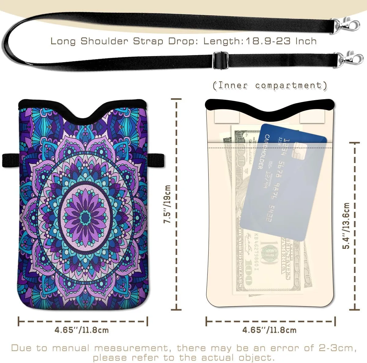 IRADA Neoprene Cell Phone Sleeve Pouch Case Bag with Crossbody Strap Neck Lanyard for Women Men 7.6 X 4.3 Inches-Purple Mandala Flower Shockproof Universal Phone Bag