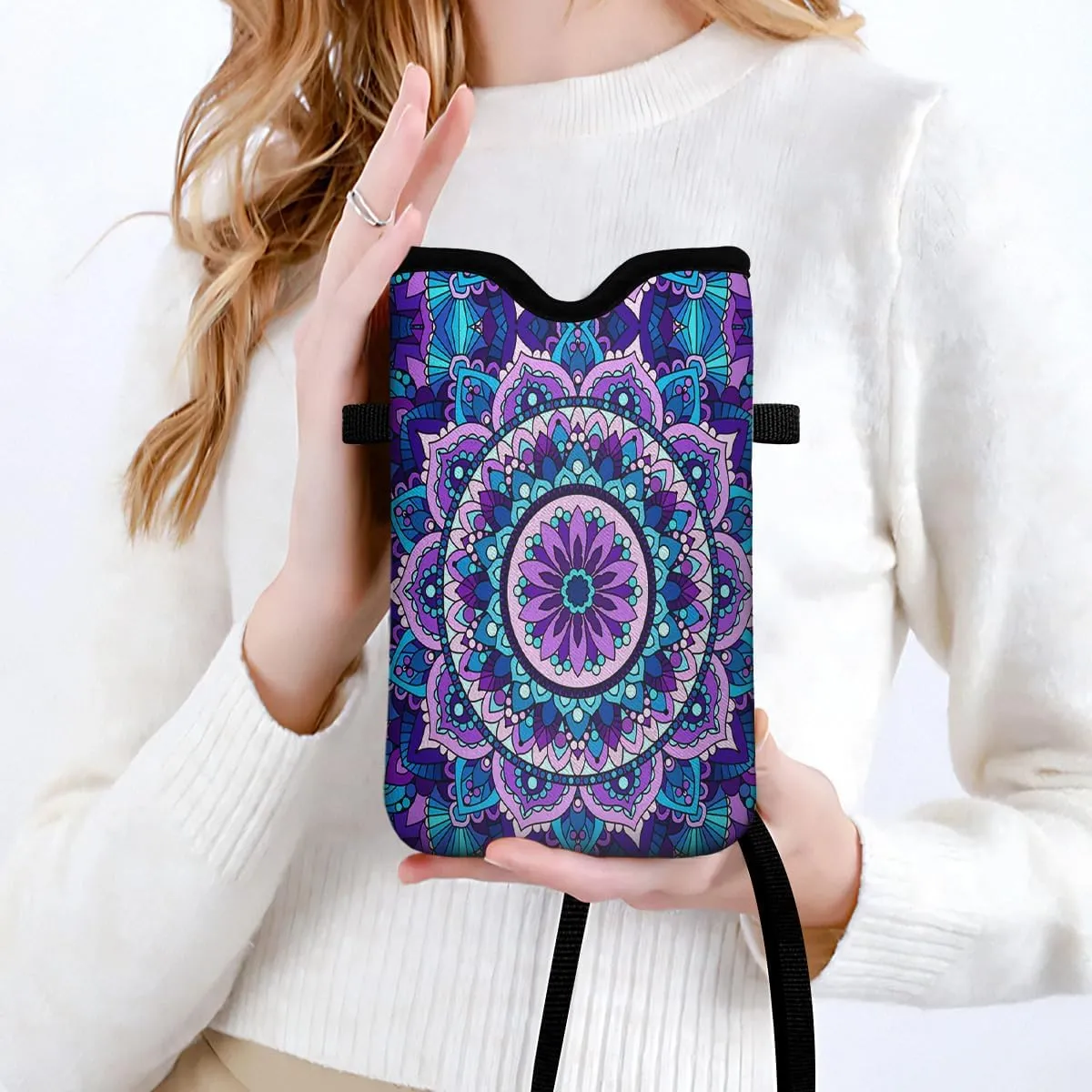 IRADA Neoprene Cell Phone Sleeve Pouch Case Bag with Crossbody Strap Neck Lanyard for Women Men 7.6 X 4.3 Inches-Purple Mandala Flower Shockproof Universal Phone Bag
