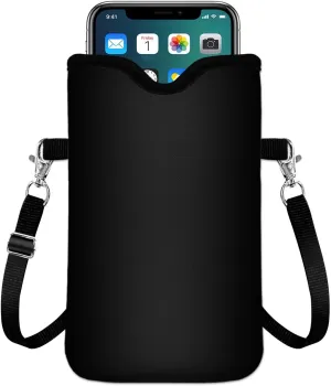 IRADA Neoprene Cell Phone Sleeve Pouch Case Bag with Crossbody Strap Neck Lanyard for Women Men 7.6 X 4.3 Inches-Solid Black Shockproof Universal Phone Bag