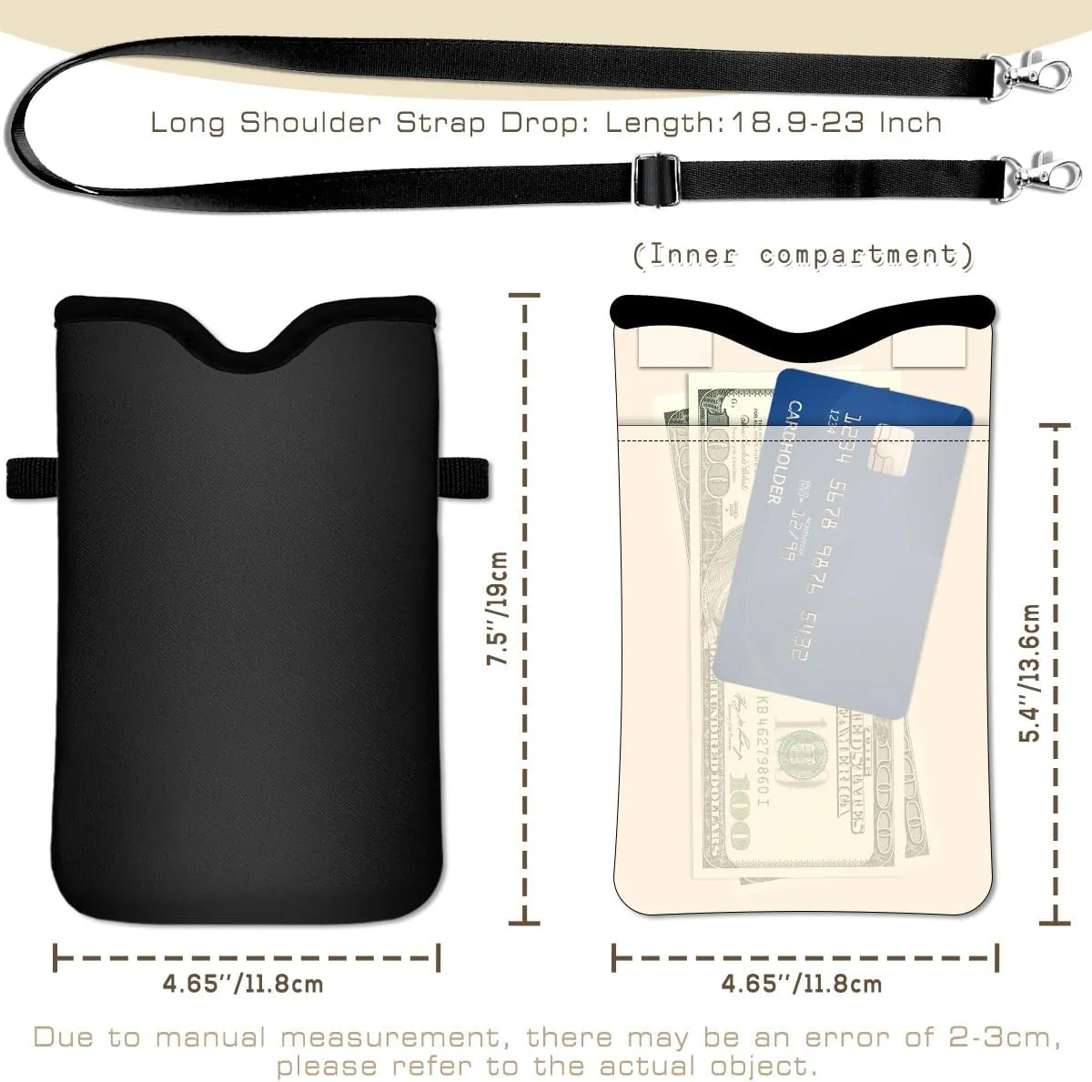 IRADA Neoprene Cell Phone Sleeve Pouch Case Bag with Crossbody Strap Neck Lanyard for Women Men 7.6 X 4.3 Inches-Solid Black Shockproof Universal Phone Bag
