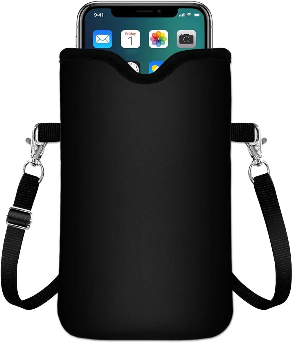 IRADA Neoprene Cell Phone Sleeve Pouch Case Bag with Crossbody Strap Neck Lanyard for Women Men 7.6 X 4.3 Inches-Solid Black Shockproof Universal Phone Bag