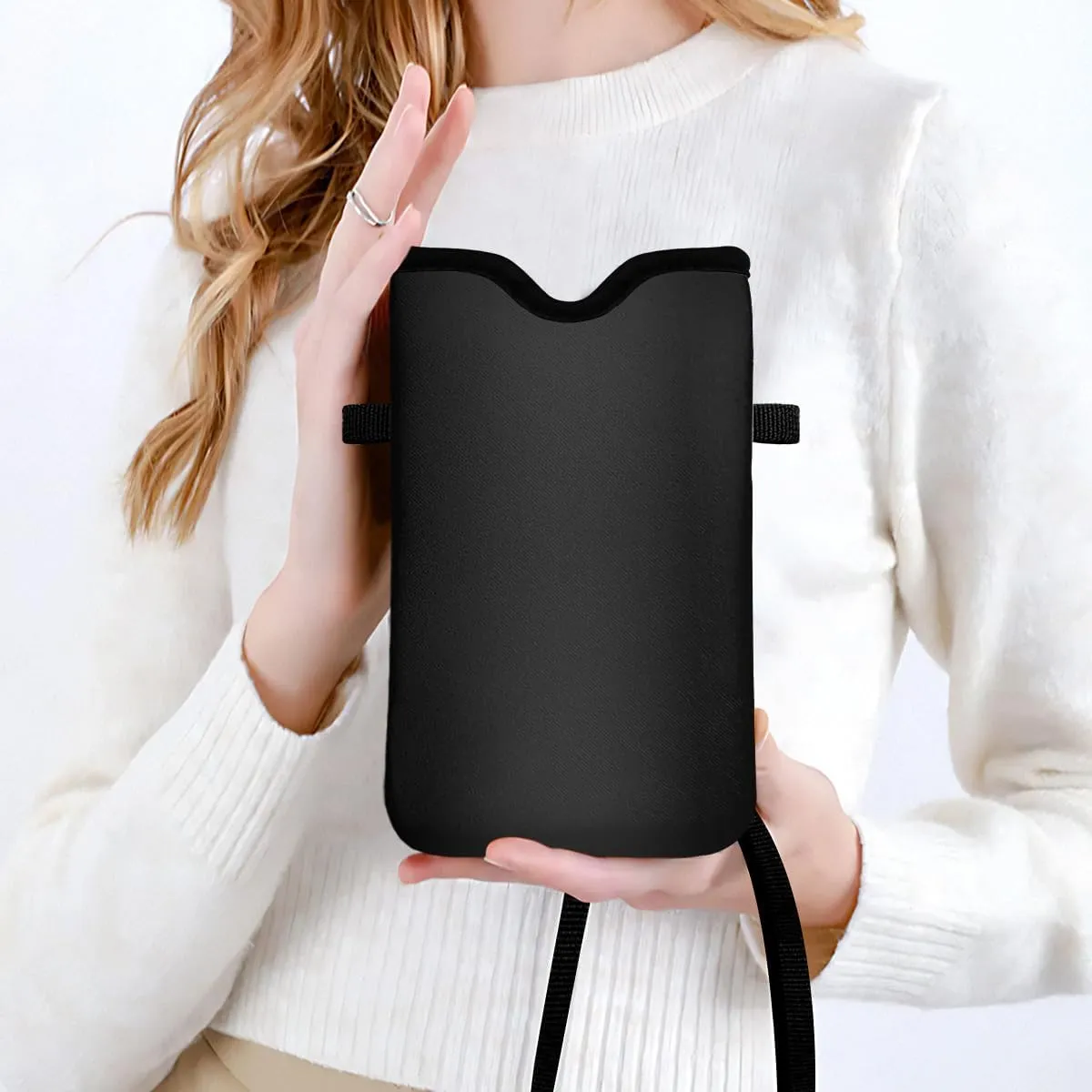 IRADA Neoprene Cell Phone Sleeve Pouch Case Bag with Crossbody Strap Neck Lanyard for Women Men 7.6 X 4.3 Inches-Solid Black Shockproof Universal Phone Bag