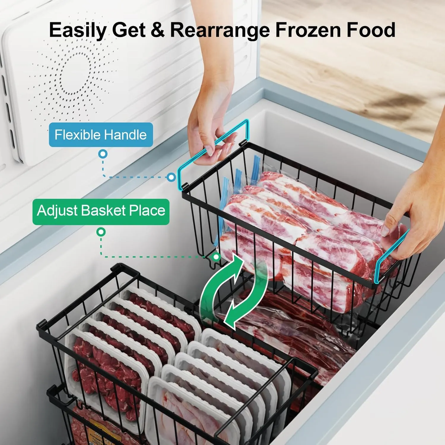iSPECLE Chest Freezer Organizer Bins - 4 Pack Small Stackable Freezer Organizer Bins for 5 to 9 Cu.FT Small Deep Freezer (14.7"L X 7.1"W X 6.1"H) Easy to Get Food from Bottom without Digging, Black