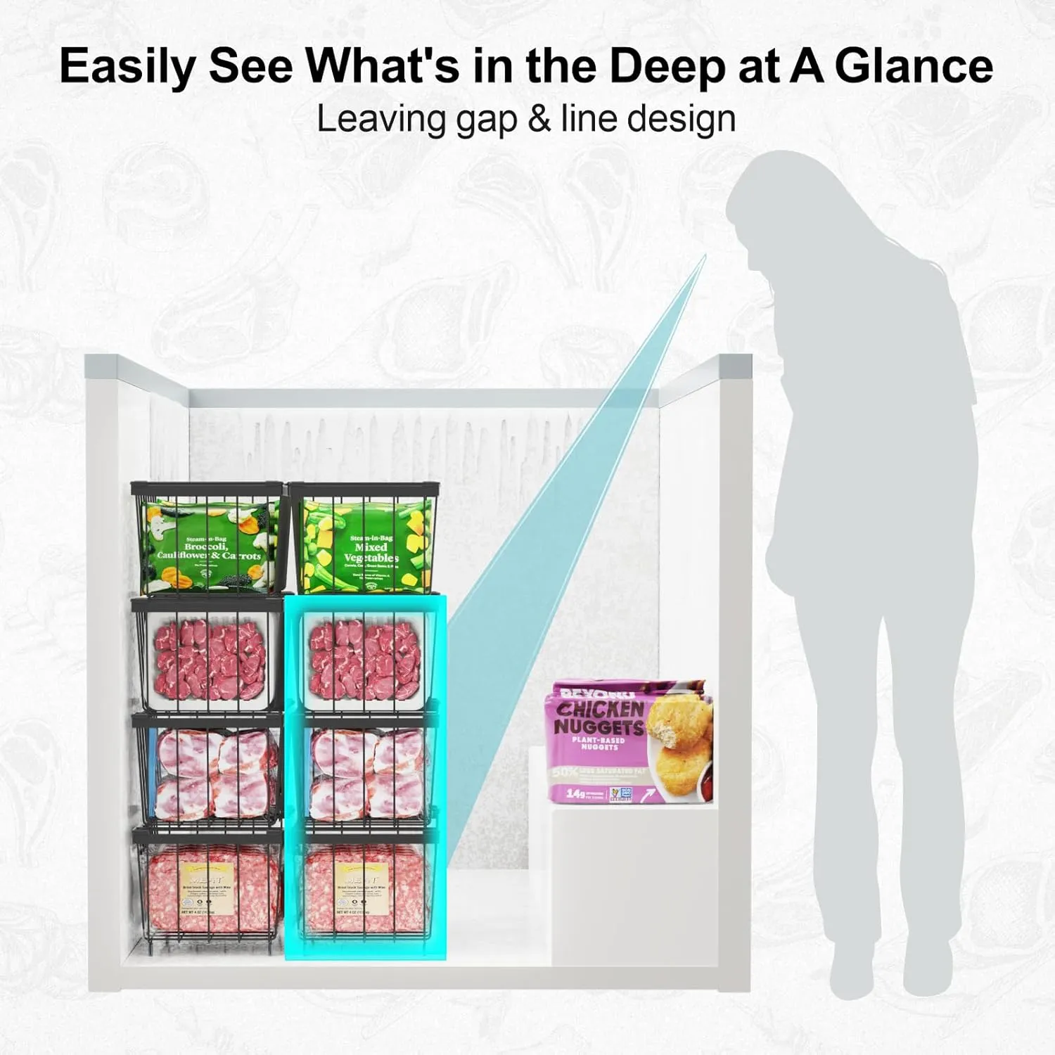 iSPECLE Chest Freezer Organizer Bins - 4 Pack Small Stackable Freezer Organizer Bins for 5 to 9 Cu.FT Small Deep Freezer (14.7"L X 7.1"W X 6.1"H) Easy to Get Food from Bottom without Digging, Black
