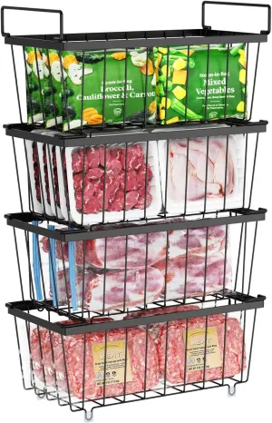 iSPECLE Chest Freezer Organizer Bins - 4 Pack Small Stackable Freezer Organizer Bins for 5 to 9 Cu.FT Small Deep Freezer (14.7"L X 7.1"W X 6.1"H) Easy to Get Food from Bottom without Digging, Black
