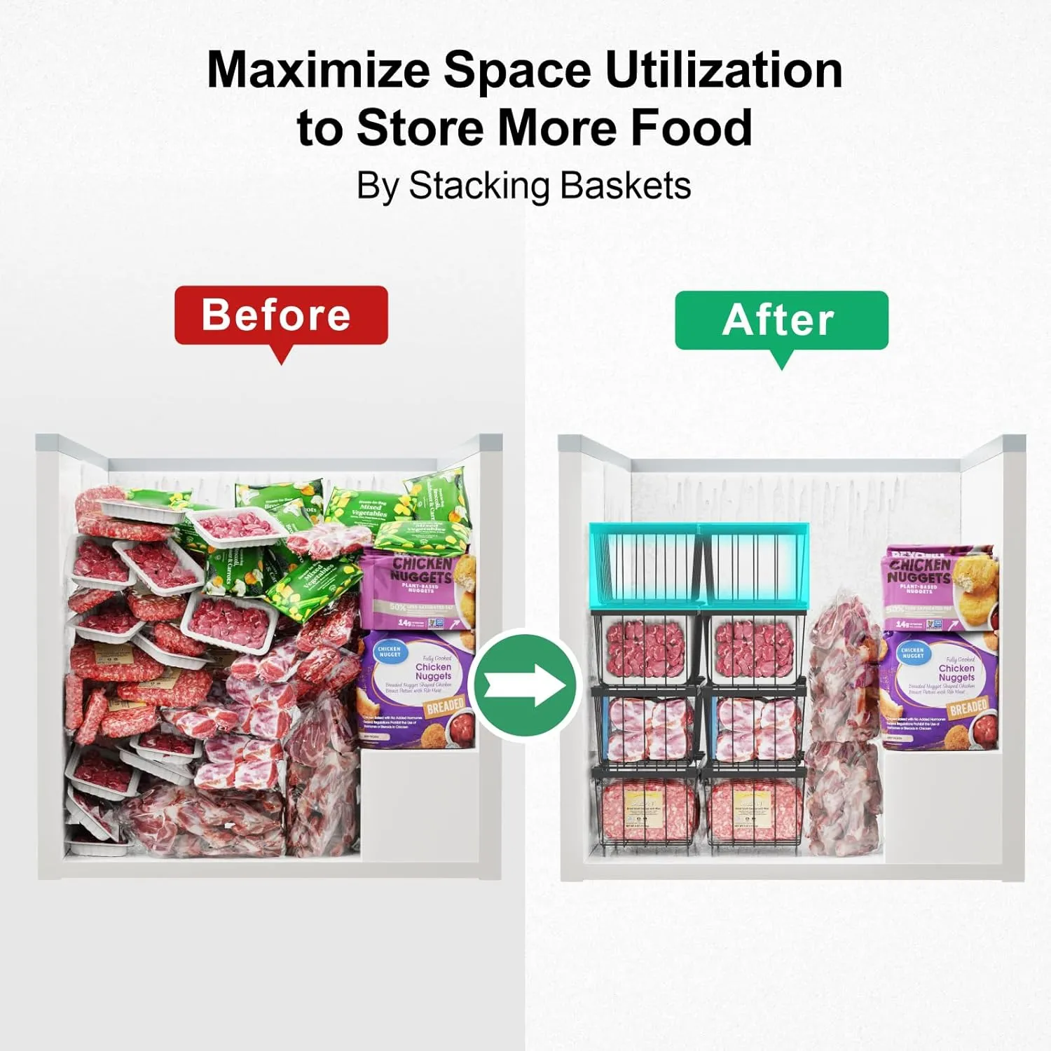 iSPECLE Chest Freezer Organizer Bins - 4 Pack Small Stackable Freezer Organizer Bins for 5 to 9 Cu.FT Small Deep Freezer (14.7"L X 7.1"W X 6.1"H) Easy to Get Food from Bottom without Digging, Black
