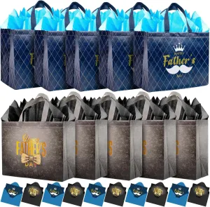 Jaywayang 10PCS 12.6" Happy Father's Day Gift Bag with Tissue Papers and Card, Large Reusable Non-Woven Fathers Day Bags with Handle for Men, Husband, Dad, Grandfather (Black, Blue)