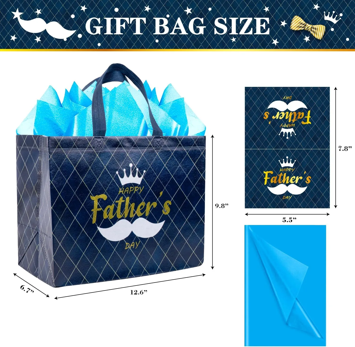 Jaywayang 10PCS 12.6" Happy Father's Day Gift Bag with Tissue Papers and Card, Large Reusable Non-Woven Fathers Day Bags with Handle for Men, Husband, Dad, Grandfather (Black, Blue)