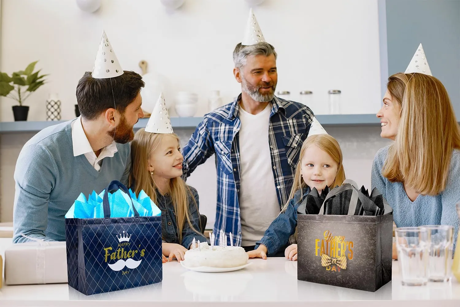 Jaywayang 10PCS 12.6" Happy Father's Day Gift Bag with Tissue Papers and Card, Large Reusable Non-Woven Fathers Day Bags with Handle for Men, Husband, Dad, Grandfather (Black, Blue)