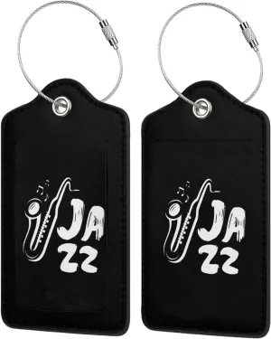 Jazz Saxophone Music Leather Baggage Bag Luggage Tags with Stainless Steel Loop and Privacy Cover
