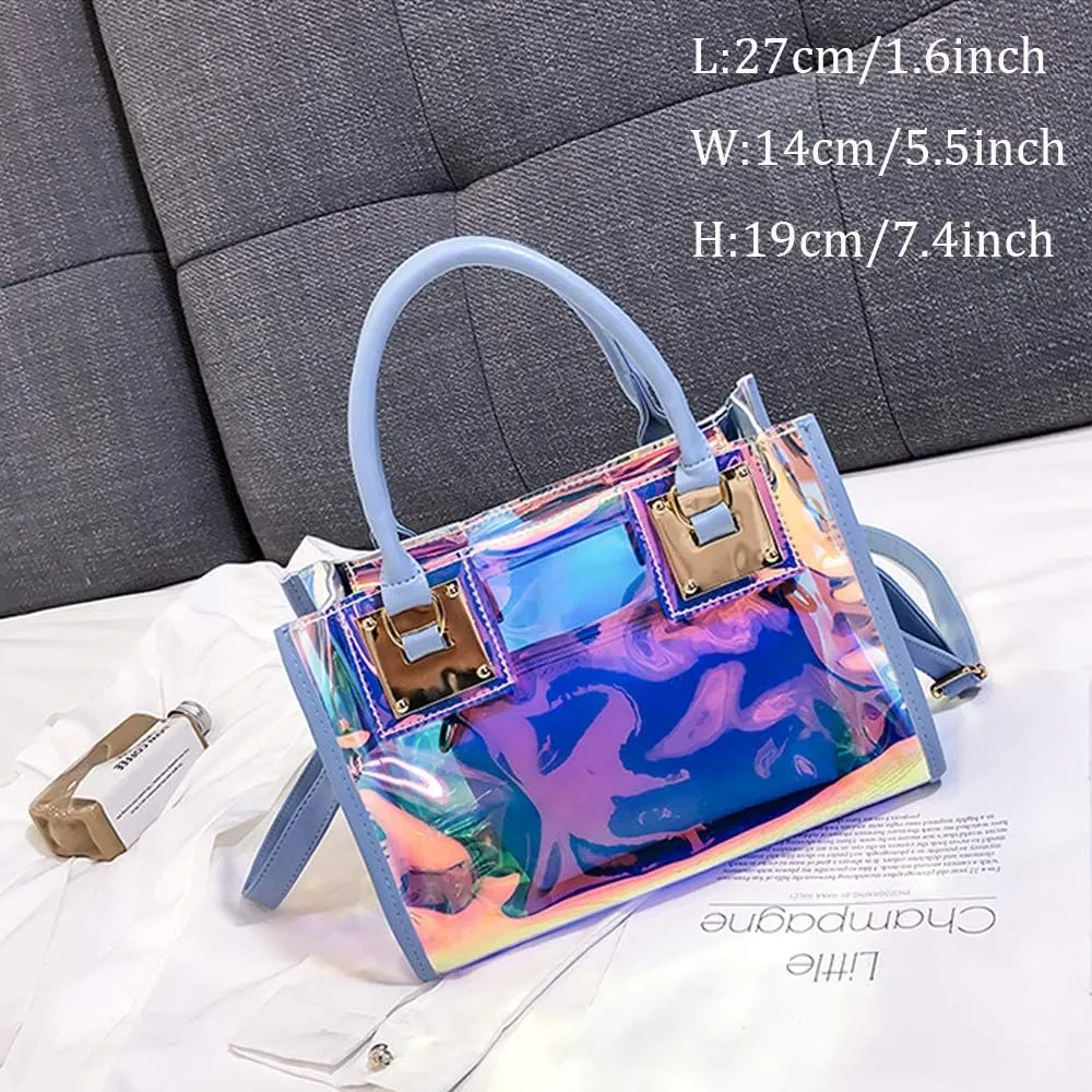 Jelly Bags Women Clear Handbags PVC Laser Transparent Waterproof Top Handle Bags Satchel Style Handbags Purse 2 Pcs Set