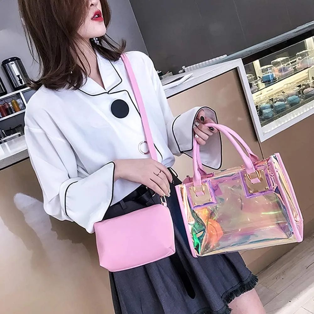 Jelly Bags Women Clear Handbags PVC Laser Transparent Waterproof Top Handle Bags Satchel Style Handbags Purse 2 Pcs Set