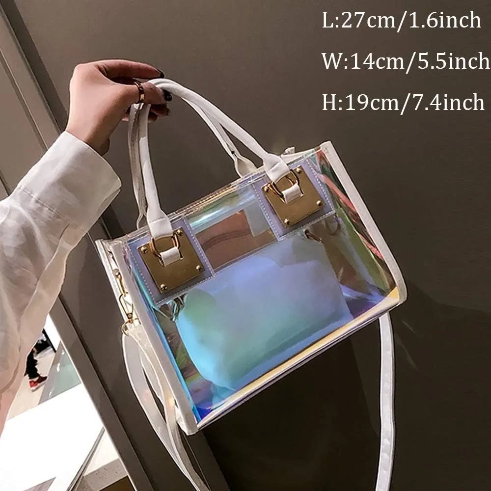 Jelly Bags Women Clear Handbags PVC Laser Transparent Waterproof Top Handle Bags Satchel Style Handbags Purse 2 Pcs Set