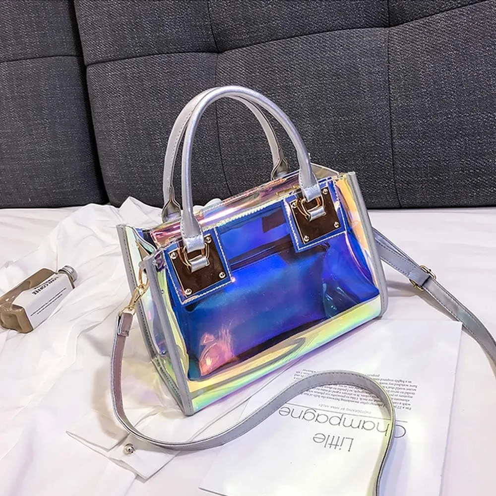 Jelly Bags Women Clear Handbags PVC Laser Transparent Waterproof Top Handle Bags Satchel Style Handbags Purse 2 Pcs Set