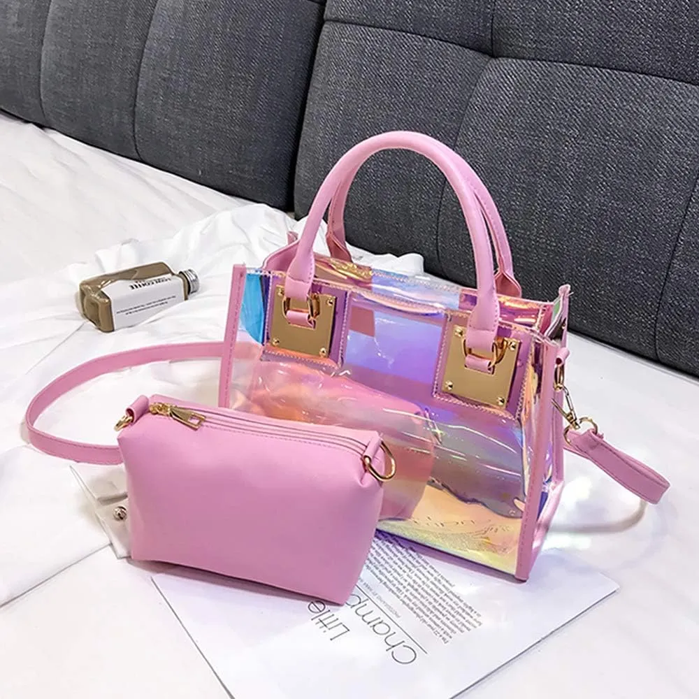 Jelly Bags Women Clear Handbags PVC Laser Transparent Waterproof Top Handle Bags Satchel Style Handbags Purse 2 Pcs Set