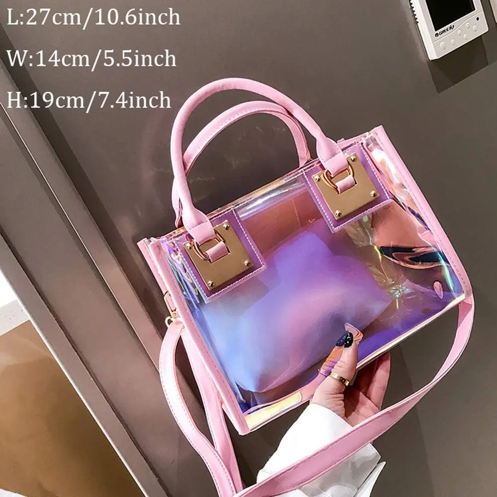 Jelly Bags Women Clear Handbags PVC Laser Transparent Waterproof Top Handle Bags Satchel Style Handbags Purse 2 Pcs Set