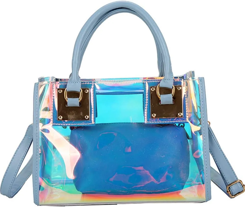 Jelly Bags Women Clear Handbags PVC Laser Transparent Waterproof Top Handle Bags Satchel Style Handbags Purse 2 Pcs Set