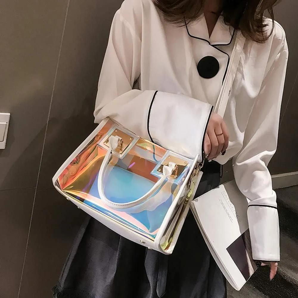 Jelly Bags Women Clear Handbags PVC Laser Transparent Waterproof Top Handle Bags Satchel Style Handbags Purse 2 Pcs Set