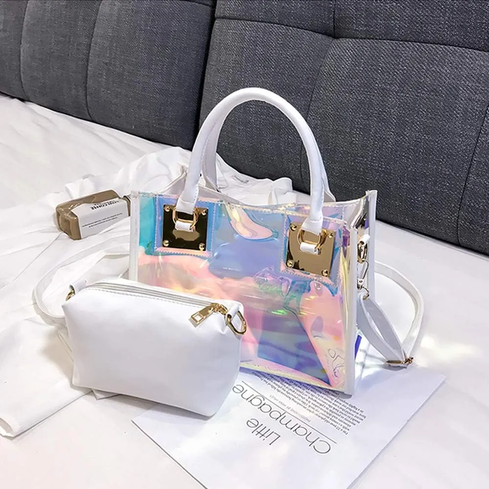 Jelly Bags Women Clear Handbags PVC Laser Transparent Waterproof Top Handle Bags Satchel Style Handbags Purse 2 Pcs Set