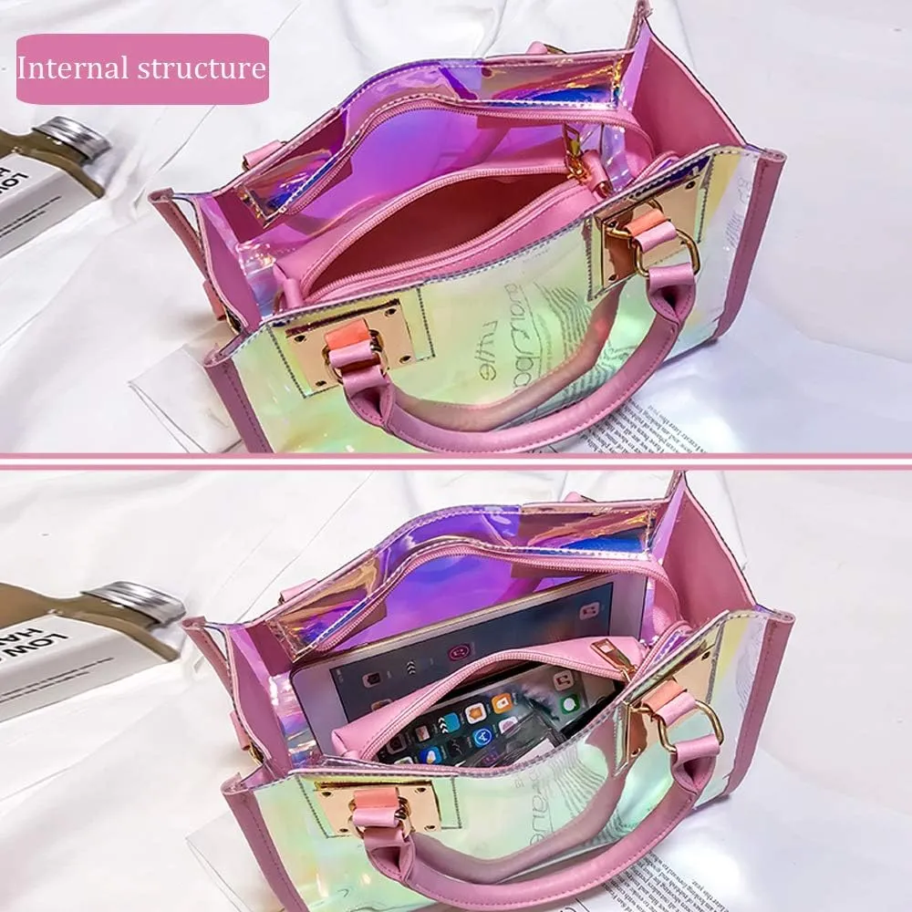 Jelly Bags Women Clear Handbags PVC Laser Transparent Waterproof Top Handle Bags Satchel Style Handbags Purse 2 Pcs Set