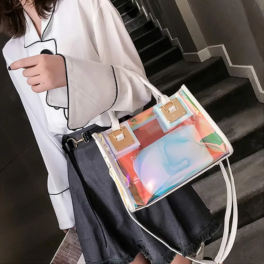 Jelly Bags Women Clear Handbags PVC Laser Transparent Waterproof Top Handle Bags Satchel Style Handbags Purse 2 Pcs Set