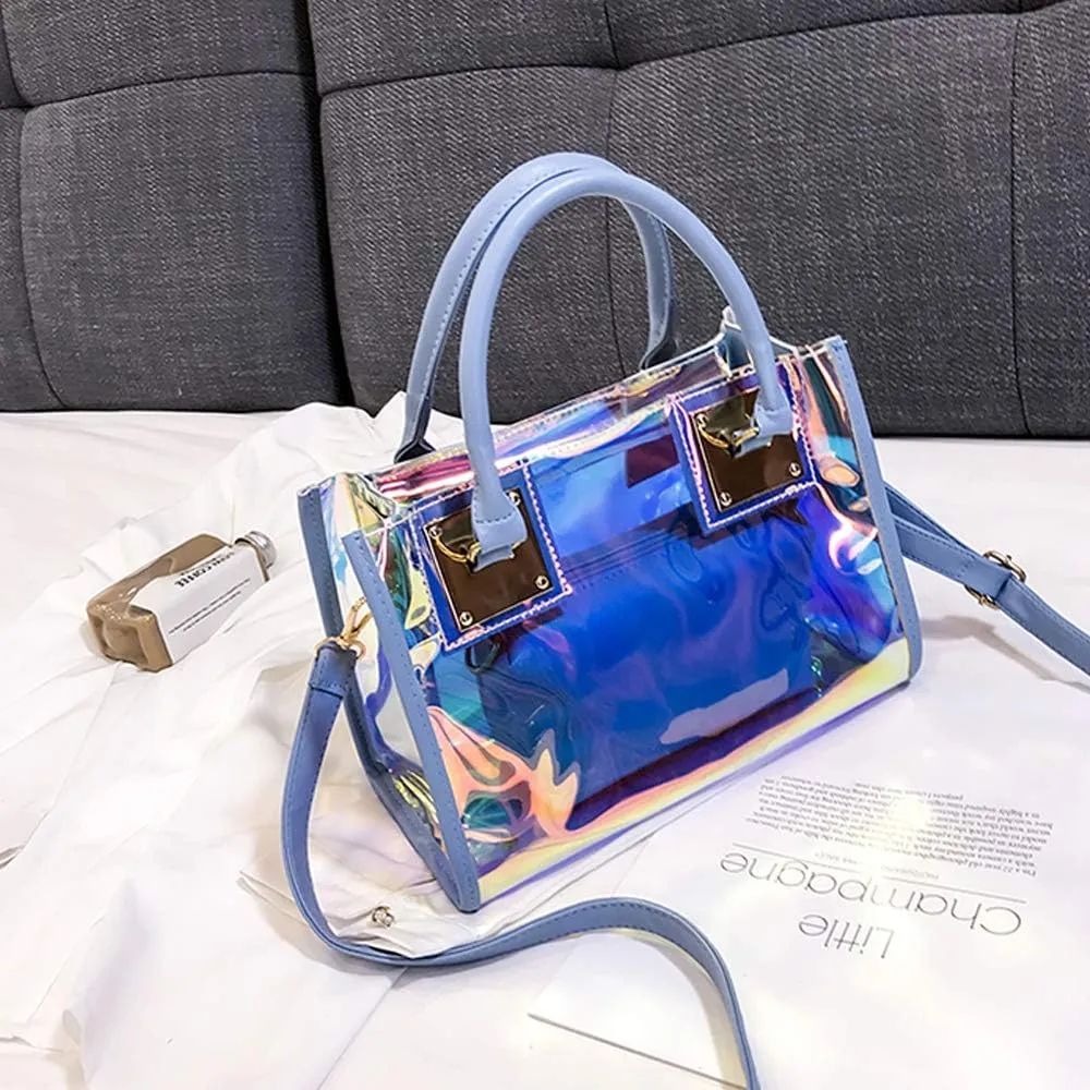 Jelly Bags Women Clear Handbags PVC Laser Transparent Waterproof Top Handle Bags Satchel Style Handbags Purse 2 Pcs Set