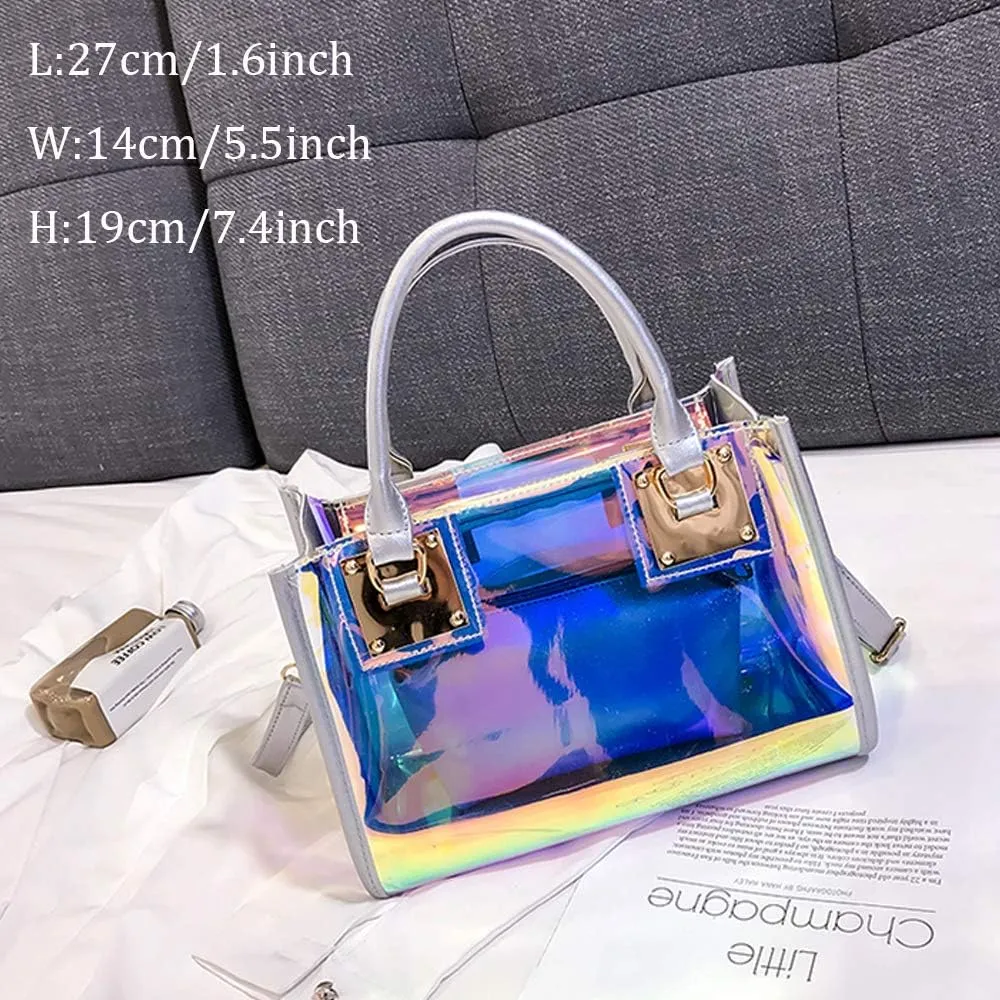 Jelly Bags Women Clear Handbags PVC Laser Transparent Waterproof Top Handle Bags Satchel Style Handbags Purse 2 Pcs Set