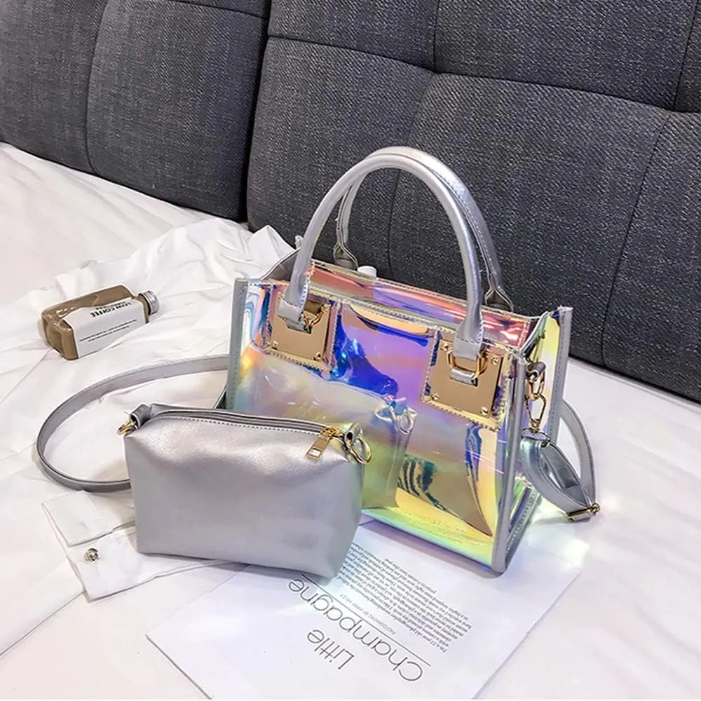 Jelly Bags Women Clear Handbags PVC Laser Transparent Waterproof Top Handle Bags Satchel Style Handbags Purse 2 Pcs Set