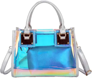 Jelly Bags Women Clear Handbags PVC Laser Transparent Waterproof Top Handle Bags Satchel Style Handbags Purse 2 Pcs Set