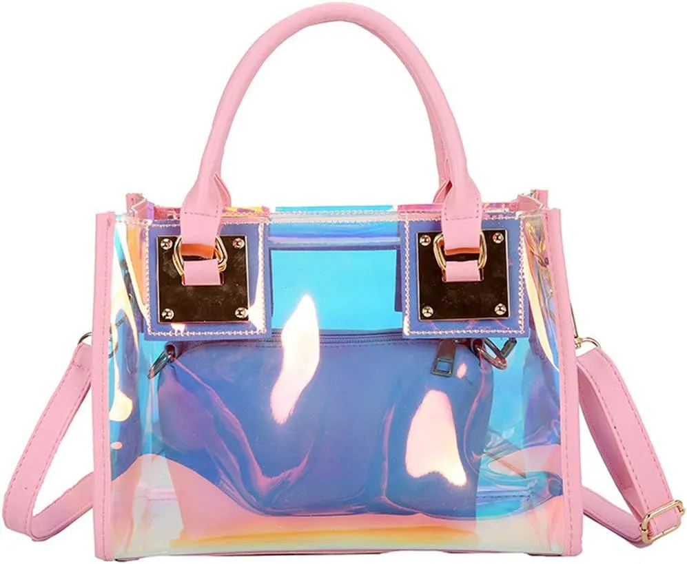 Jelly Bags Women Clear Handbags PVC Laser Transparent Waterproof Top Handle Bags Satchel Style Handbags Purse 2 Pcs Set