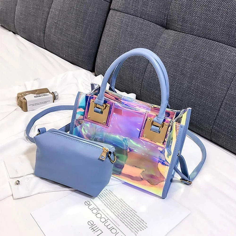 Jelly Bags Women Clear Handbags PVC Laser Transparent Waterproof Top Handle Bags Satchel Style Handbags Purse 2 Pcs Set