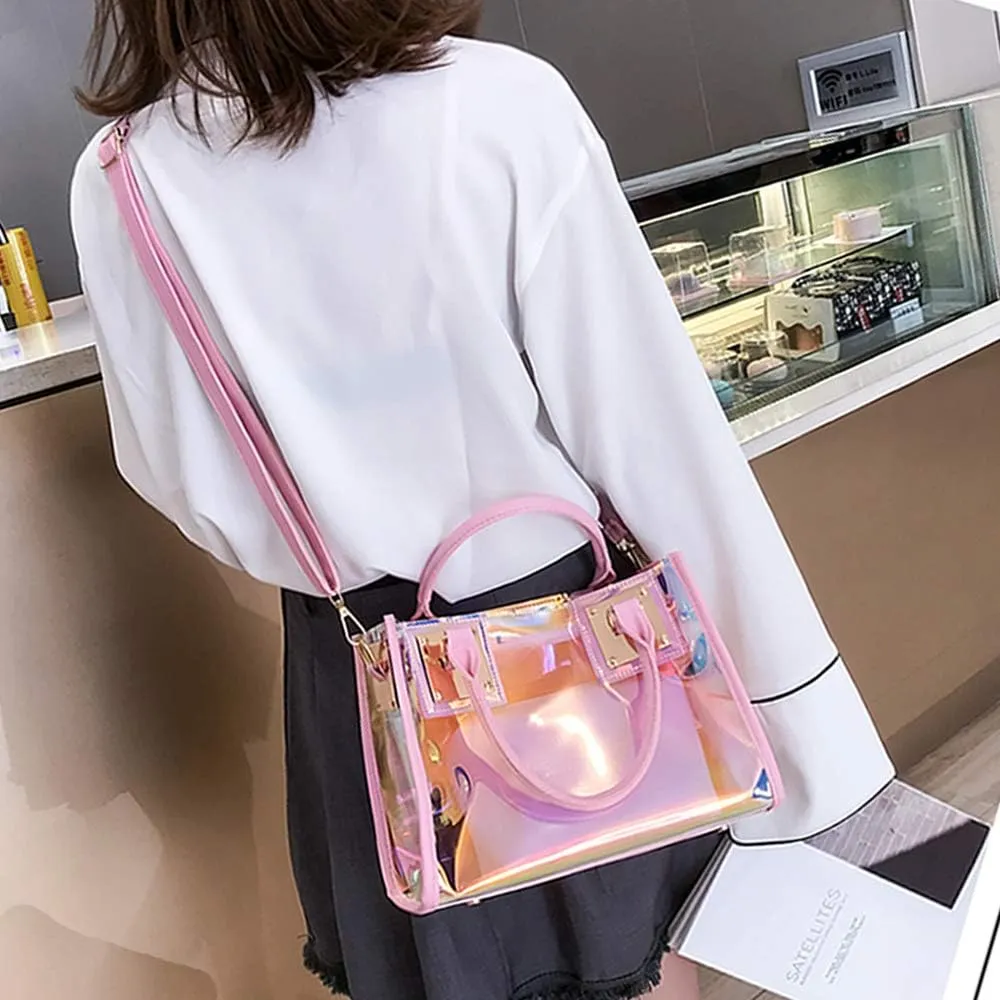 Jelly Bags Women Clear Handbags PVC Laser Transparent Waterproof Top Handle Bags Satchel Style Handbags Purse 2 Pcs Set