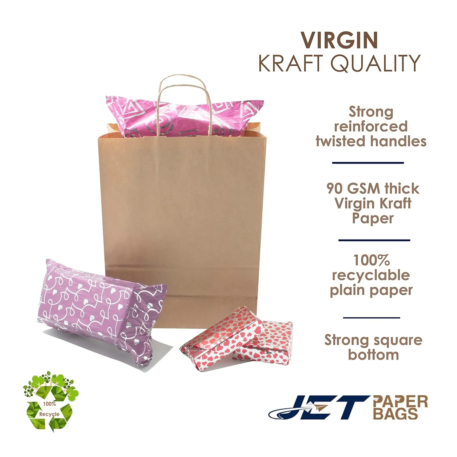 JET PAPER BAGS - 10”x5”x10” Inch [50 Pcs] Medium Brown Paper Bags with Handles Prime for Takeout, Grocery, Goody, Retail, Party, Gifts, Weddings - Recyclable Kraft Paper Gift Bags with Handles