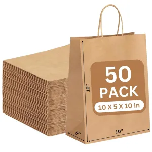JET PAPER BAGS - 10”x5”x10” Inch [50 Pcs] Medium Brown Paper Bags with Handles Prime for Takeout, Grocery, Goody, Retail, Party, Gifts, Weddings - Recyclable Kraft Paper Gift Bags with Handles