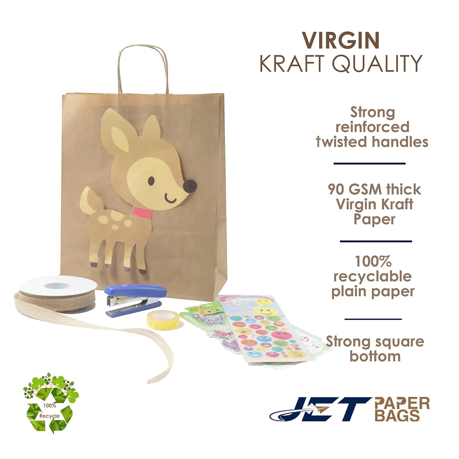 JET PAPER BAGS - 10”x5”x10” Inch [50 Pcs] Medium Brown Paper Bags with Handles Prime for Takeout, Grocery, Goody, Retail, Party, Gifts, Weddings - Recyclable Kraft Paper Gift Bags with Handles
