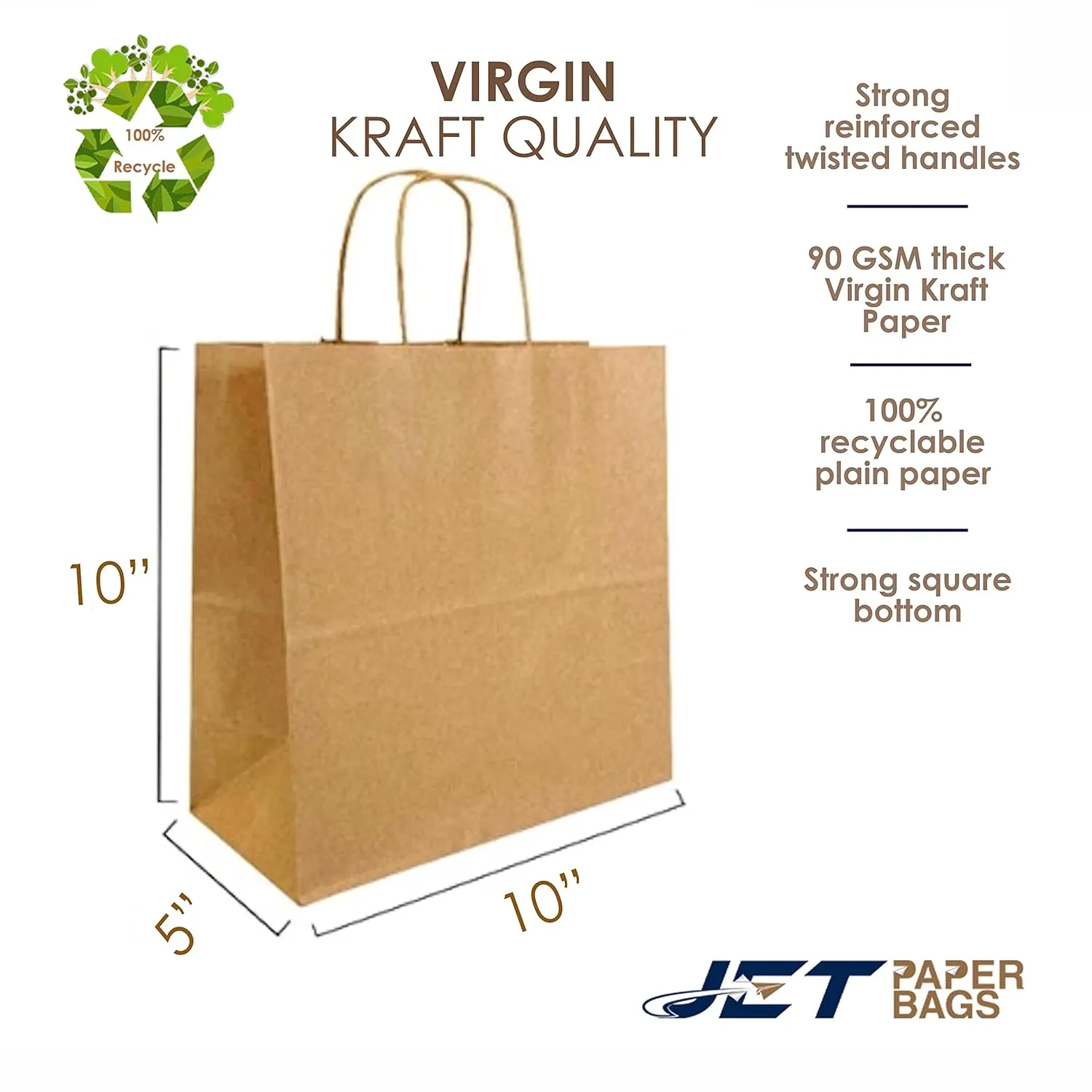 JET PAPER BAGS - 10”x5”x10” Inch [50 Pcs] Medium Brown Paper Bags with Handles Prime for Takeout, Grocery, Goody, Retail, Party, Gifts, Weddings - Recyclable Kraft Paper Gift Bags with Handles
